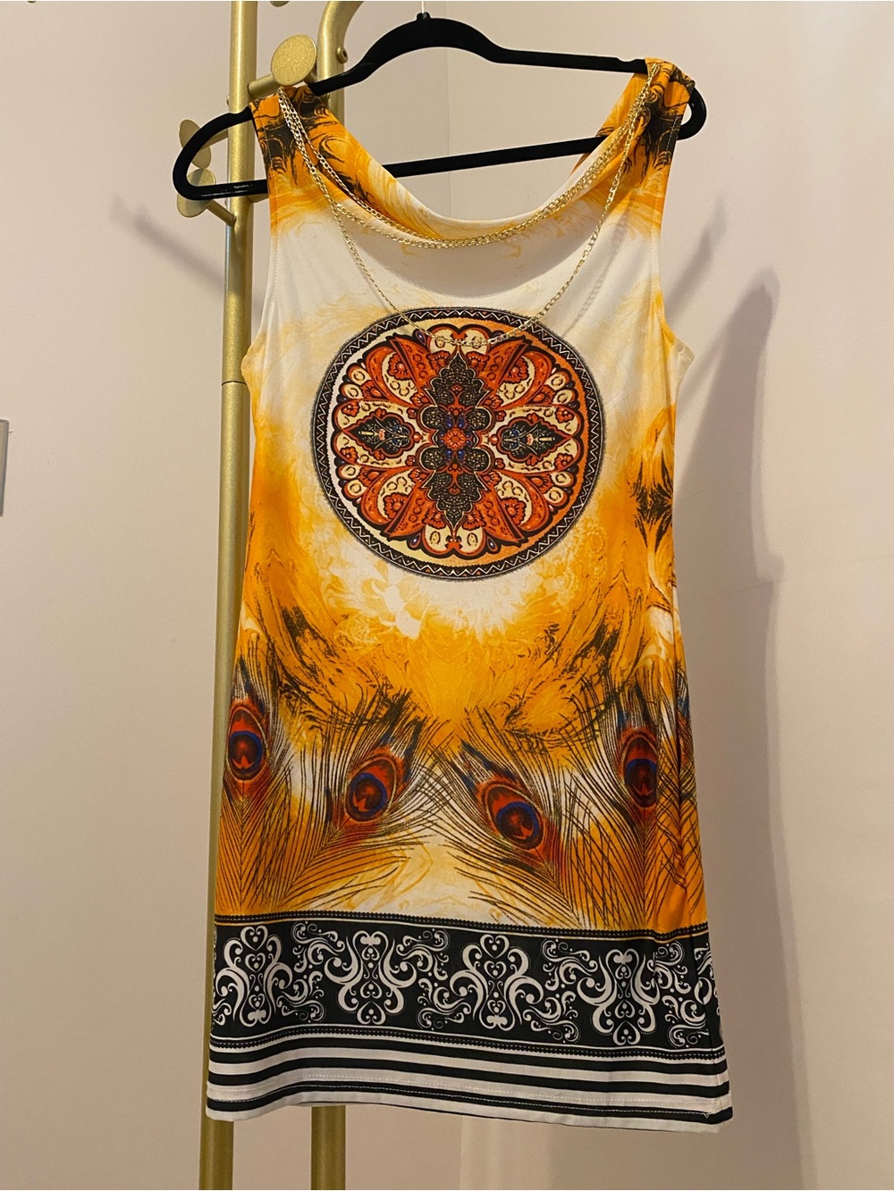 Sleeveless Yellow Peacock-Print Women's Dress